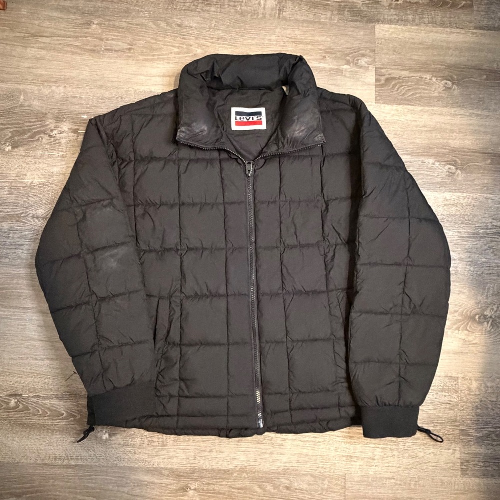 Levis Mens Black Square Quilted Puffer Jacket Full Zip Stand Collar Size Large